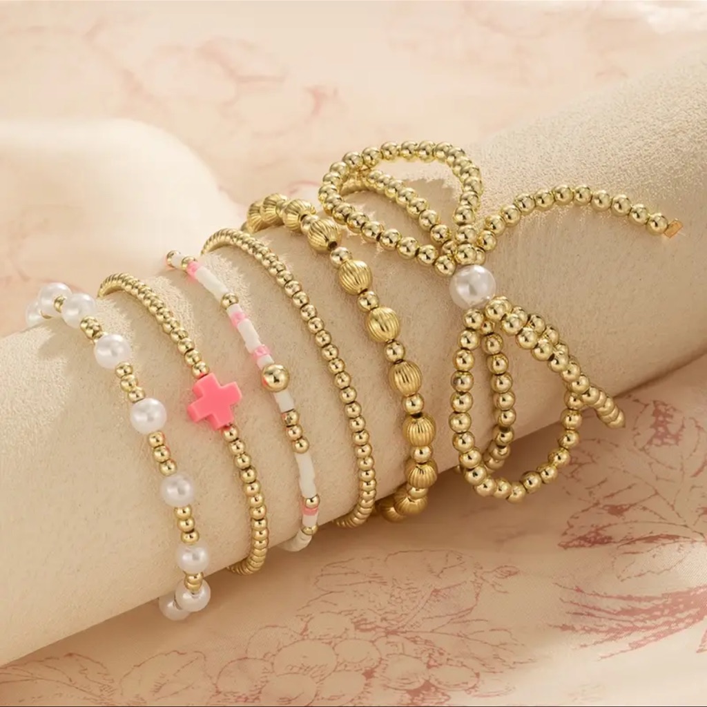 Gold Beaded Bow & Pink Charm Bracelet Set